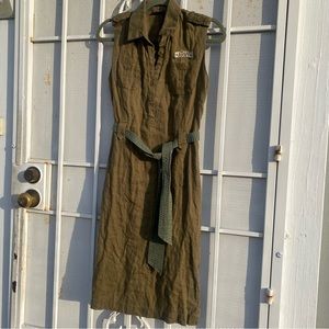 Bye women’s size S linen button front belted waist sleeveless army dress